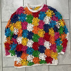 VINTAGE 80s Floral Crochet Mesh Handknit Unique Sweater Size XL Multicolor RARE